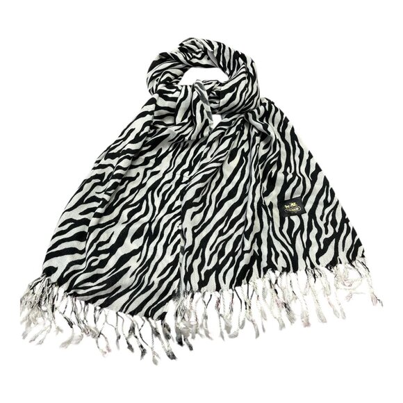 Coach Zebra Print Fringe Scarf – Black & White Animal Print – 74" x 26" - Picture 1 of 5